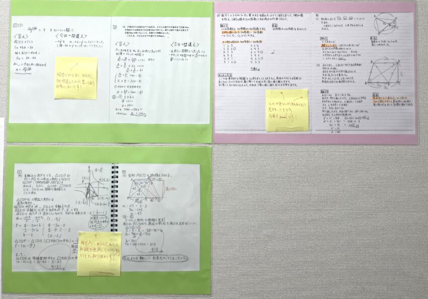 「テスト間違いノート(数学)」の作成例<br />
この作成例は廊下に掲示されていて、いつでも参考にできるため、自分のノート作りの見直しに役立ちます