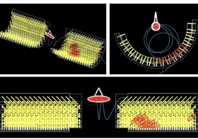 シミュレーションによって陽電子（青線）が検出器にヒットして（赤タイル）検出される様子　Copyright © 2018, A. M. Baldini et al