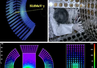 Lさんが現在解析に取り組んでいる液体キセノンガンマ線検出器。ミュー粒子が崩壊して放出されるガンマ線を液体キセノンで捉え、それを4760個の光センサーで観測する　Copyright © 2018, A. M. Baldini et al 左上：信号事象の光子（ガンマ線）が検出器に入射した様子のシミュレーション 右上：検出器内部の様子。丸いのは光センサー 下：シミュレーションでの光センサーの応答例