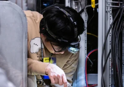 放射線管理区域で、陽電子タイミングカウンターから出ている1000本あまりのケーブルをチェックしているLさん。「コネクタがとても小さいので、先が曲がった専用のピンセットを使います」。右手で隠れているが、首から下げているのはドジメーター（線量計）という放射線被曝量の測定器